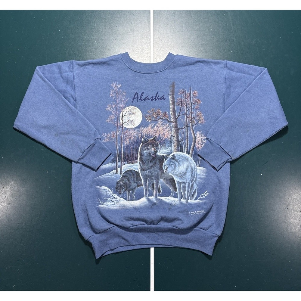 Vintage 90s Wolf Pack Crewneck Sweatshirt Men's‎ Small Blue Nature Moon Alaska